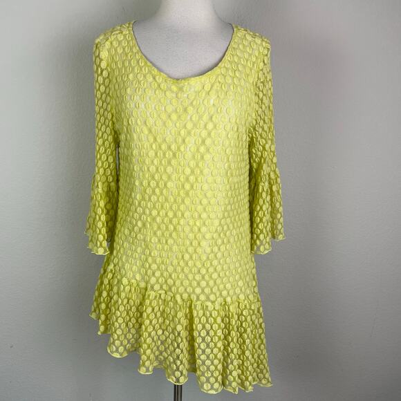 IC by Connie K Yellow Dot Flared Sleeve Asym Hem Top Large - Picture 1 of 7